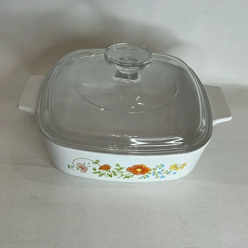 Corning Ware Pan 1 Liter Baking Serve Dish Pan  Ovenware With Lid Floral Handle